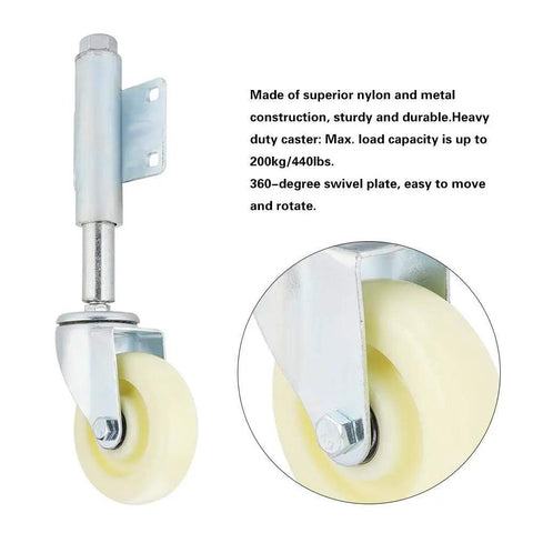 Heavy Duty Gate Caster Wheels Featuring Spring Loaded Brakes Supports Four Hundred Forty Lbs pivoting swivel with nylon wheel for smooth movement.