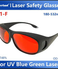 Badass Laser Safety Glasses Featuring Od6 Block Rate And Scratch Resistant Build To Lock Down Blue Violet And Green Laser Rays At Wavelength 405Nm 445Nm 450Nm And 532Nm For Serious Eye Protection That Hits Clean. Black frame with red lenses, designed for laser protection.
