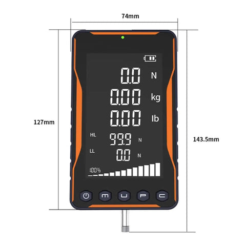 Straight Up Digital Force Gauge Handheld Push Pull Meter with display for N, kg, lb readings and five swap probes.