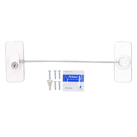 360 Degree Rotatable Childproof Window Lock With Non Mark Adhesive, screws, primer wipe, and key, easy install, white