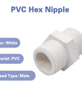 G3/4 Inch PVC Pipe Fitting Hex Nipple Adapter Male To Male 3/4 G Thread Connector made of white PVC in close-up view