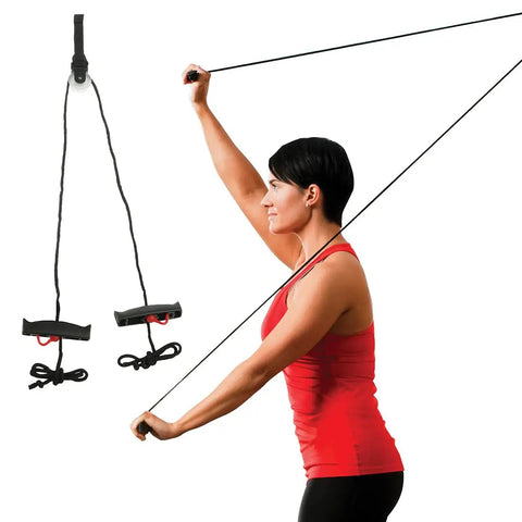 Top Shelf Over The Door Shoulder Pulley For Physical Therapy And Home Gym Sessions, 7ft cord, foam grips, being used by a woman.