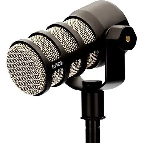 Rodecaster Pro II Integrated Audio Production Console With 2 Podmics Nth-100 Headphones Ds1 Stands Microsd Card Xlr Cables And Streameye Filter Clutch Podcast Streaming Bundle For Creators - close-up of one Podmic microphone on a stand.