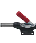 Industrial Grade Toggle Clamp Quick Release Tooling Fixture With Push Pull Lever For Heavy Duty Workholding And No Sweat Setup On Every Solid American Workbench Station, showing red lever handle and metal base.