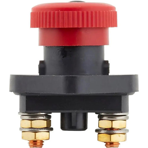 Heavy Duty Push Pull Battery Disconnect Switch For Muscle Cars And Drag Racing Builds That Safely Cuts Power on a black base with a red knob.