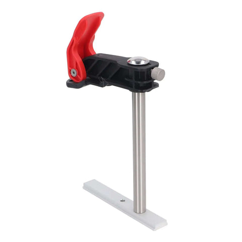 Close-up of Two Pack Hold Down Clamp Set, Stainless Steel Quick Release Bench Dog Clamps For Woodworking with red grip visible.