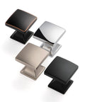 Oil Rubbed Bronze Cabinet Knobs 20 Pack Small Square Single Hole Drawer Pulls for Cabinets Drawers Dresser Cupboard and Vanity Dope Solid Metal Hardware, multiple finishes shown in a set of four.