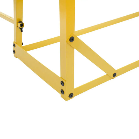 Heavy Duty Four Tier Cantilever Storage Rack With Badass 440 Lb Capacity Adjustable Pipe Organizer And Zero Hassle Freestanding Lumber Setup For Real Garage Grind Meant To Handle Long Boards Without Drilling In Bright Yellow corner support detail