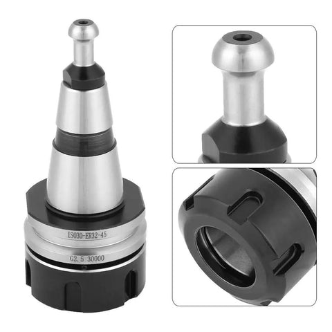 Iso30 Er32 Balanced Collet Chuck CNC Tool Holder 30000 RPM G2.5 Tolerance with stainless steel and black grip for drilling.