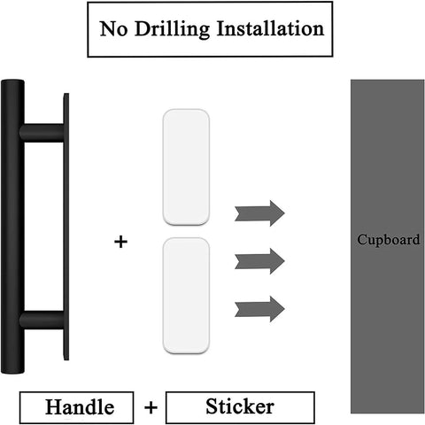 Diagram showing installation of 15 Pack Self Stick Push Pull Cabinet Handles Black ABS Plastic, using adhesive, no drilling needed.