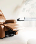 Solid Replacement Power Recliner Actuator Motor Model LMD6208C1 Linear Actuator next to a brown recliner chair in living room.