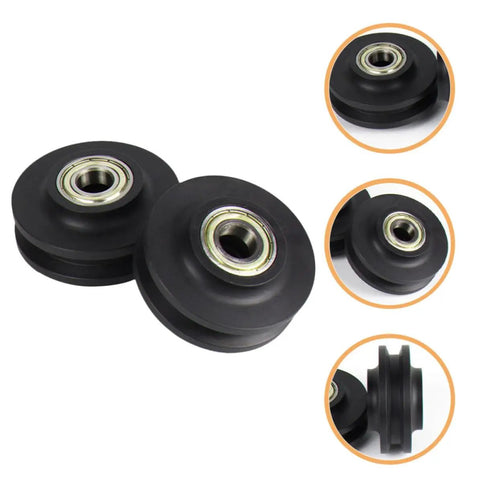 2 Pack Black Nylon Sliding Gate Roller Wheels Built Tough Heavy Duty Track Pulleys features close-up views with smooth edges and metal core.