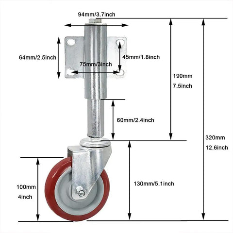 4 Inch Heavy Duty Gate Casters With Spring Shock Absorber Polyurethane Swivel Wheels showing size and dimensions for smooth glide action