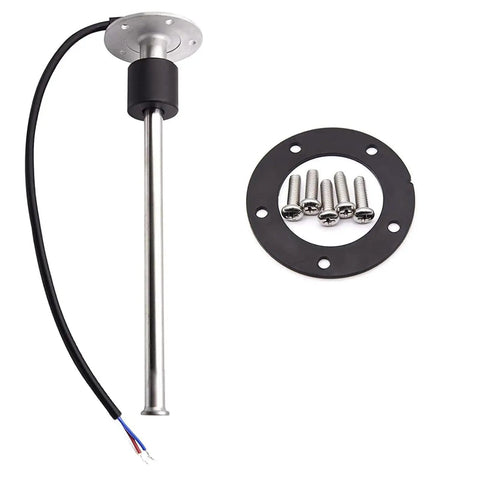 Straight Shot Fuel And Water Tank Level Sensor 600 mm showing stainless steel probe, wires, and mounting plate with screws.