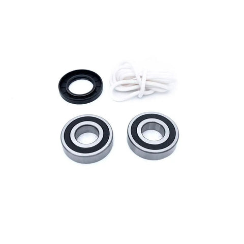 Heavy Duty Front Load Washing Machine Tub Bearing And Seal Kit No Sweat Installation Replacement Compatible With Electrolux And Kenmore Appliances, includes black seal, two metal bearings, and rope.