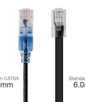 SlimRun Cat6A Patch Ethernet Cable Snagless Narrow Boot UTP 550MHz 10G 30AWG 1 Foot Black for High Density Racks and Fast Home Network Installations Today on left, next to Standard CAT6 cable comparison.
