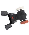 Cordless Mini Bench Grinder Compatible With 18V Battery Power And A Rock Solid Workbase That Stays Locked In Place So You Can Crush Through Stubborn Rust Without Any Pesky Vibration Buzz, showing the front view with wheels and power switch.