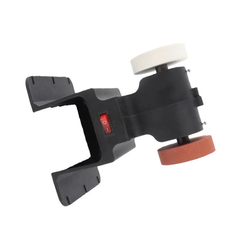 Cordless Mini Bench Grinder Compatible With 18V Battery Power And A Rock Solid Workbase That Stays Locked In Place So You Can Crush Through Stubborn Rust Without Any Pesky Vibration Buzz, showing the front view with wheels and power switch.