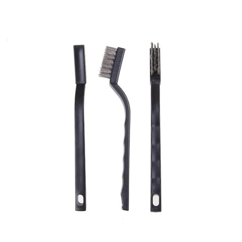 Three mini stainless steel wire brushes with curved handles, part of 30 Piece Mini Stainless Steel Wire Brush Set With Curved Handle Masonry Scrubbers For Welding Slag Rust Removal And Detail Cleaning In Tight Corners And Edges Durable Bristle Heads For Heavy Duty Deburring And Surface Prep.