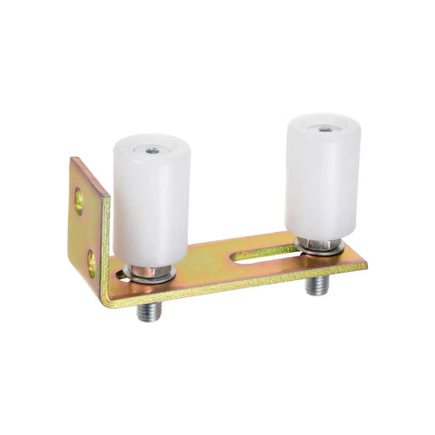 Close-up of Heavy Duty Sliding Gate Door Rollers With Adjustable Track Brackets And Precision Ball Bearing Nylon Wheels in white.