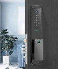Full Automatic Smart Fingerprint Door Lock With App Remote Unlock Digital Password Zinc Alloy Build Integrated Chime mounted on a door.