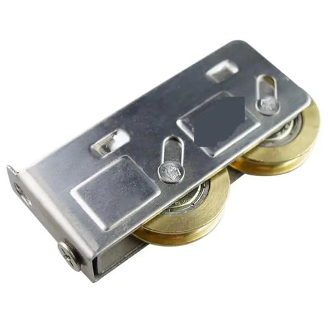 Rock Solid No Fuss Sliding Cabinet Door Rollers Four Piece Stainless Steel Cup Pulley Fittings close-up view of pulleys and bracket.
