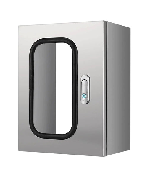 Heavy Duty Wall Mounted EV Charger Enclosure with Lock and Key, stainless steel with clear viewing window.