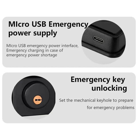 Close-up view of heavy duty smart deadbolt featuring micro USB emergency power supply and emergency key unlocking.