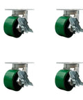 Extra Heavy Duty Six Inch Swivel Caster Set with green polyurethane wheels and locking brakes, ideal for professional shops.