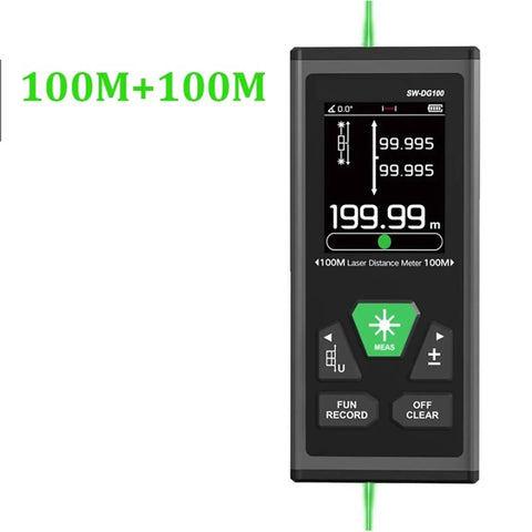 Dual Laser Rangefinder With Rechargeable Battery And Big Digital Screen Measuring Up To One Hundred Meters displaying 199.99m measurement.
