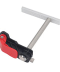 Two Pack Heavy Duty Stainless Steel Hold Down Clamps Featuring Slick Quick Release For Tough As Nails Woodworking Grip Zero Slip Safety And Smooth Operation On Any Workbench Table, showing one clamp with red lever.