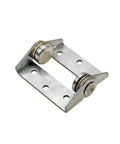 High-torque damping hinge with mounting plate, silver metal, dual dampers for cabinet doors.