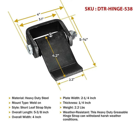 Eight Pack Heavy Duty Steel Dump Trailer Hinges With Weld On Short Leaf Strap Setup and Greaseable Pivot Pin detail image.