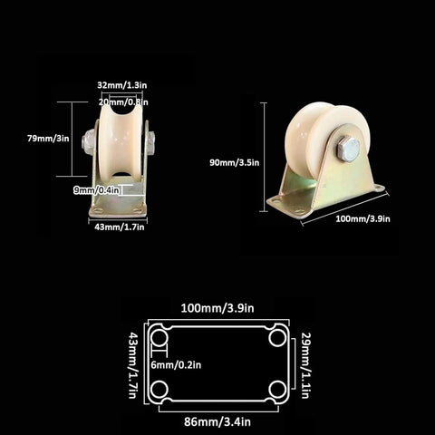 Badass Heavy Duty Nylon Door Roller And U Groove Track Wheel, 100mm size, shown with dimensions for smooth sliding action.