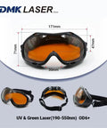 Heavy Duty Kickass Laser Safety Glasses Built Different With Od6 Plus And Od8 Plus Lens Protection For Industrial Engraving Welding Cutting And Ipl Work, front view with dimensions.