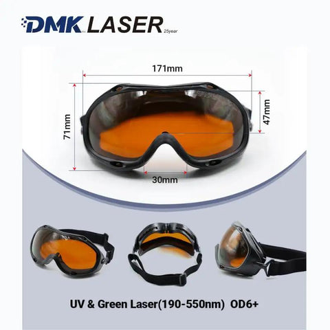 Heavy Duty Kickass Laser Safety Glasses Built Different With Od6 Plus And Od8 Plus Lens Protection For Industrial Engraving Welding Cutting And Ipl Work, front view with dimensions.