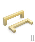 Snag These Top Notch Gold Cabinet Handles 30 Pack Featuring 3 Inch Hole Center Spacing Heavy Duty Solid Metal Construction And Slick Square Bar Pulls For Your Kitchen Remodel, showcasing two gold square bar pulls with screws.
