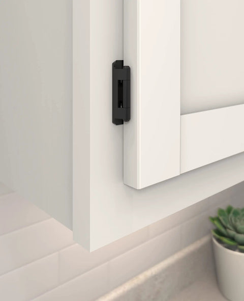 Premium Matte Black Partial Wrap Cabinet Hinges One Pair Featuring A Rock Solid Half Inch Overlay Fit on white kitchen door.