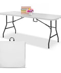 Heavy Duty Folding Table With Built In Handle Six Foot Portable Table for Indoor and Outdoor use, folded, with steel frame viewed from side