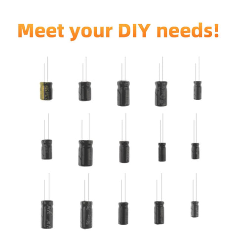 Premium Electrolytic Capacitor Assortment Kit With 200 Pieces Covering 15 Values From 0.1 Microfarad To 220 Microfarad At 16 Volt 25 Volt And 50 Volt Ratings, various sizes shown.
