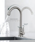 Level Up Your Kitchen Setup With This Top Shelf Cold Water Only Faucet Crafted From Lead Free SUS304 Stainless Steel Featuring A Smooth 360 Degree Swivel And Durable Brushed Nickel Finish, showing 360 degree spout and brushed nickel handle.