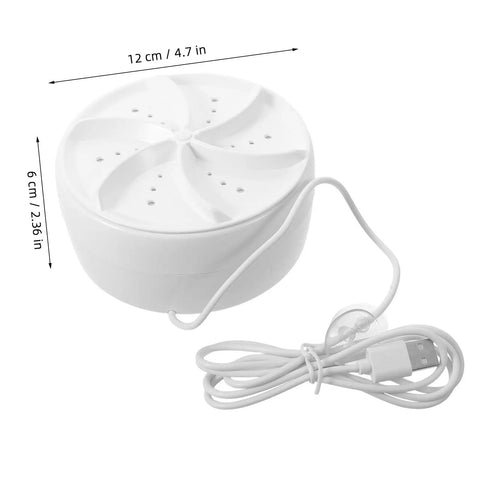 Portable Mini Washing Machine With Turbo Ultrasonic Deep Cleaning System for Socks Underwear Delicates, white compact model with USB cable.