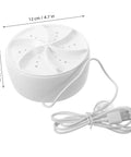 Compact Travel Mini Ultrasonic Turbo Washer With Ultra Quiet Tech Fits Snugly In Suitcases For Dorms And Road Trips close-up with dimensions 12 cm and 6 cm.