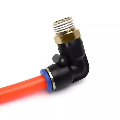 100 Pcs Pneumatic Air Connector Kit With Quick Connect Fittings And Elbow Adapters For Air Hose Compatible With 4 6 8 10 12 Mm Tubing And 1/8 1/4 3/8 1/2 Inch Threads PL6 M5 Style Durable Easy Install, black elbow fitting with orange hose