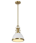 Brass Gold Modern Industrial 10 Inch Pendant Light With White Dome Shade, ideal for kitchen island or entryway, includes LED bulb, hardwired.