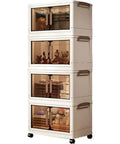 Big League Stackable Storage Bins with Secure Lids, 4-Tier Collapsible Plastic Cabinet showcasing toys and blankets.