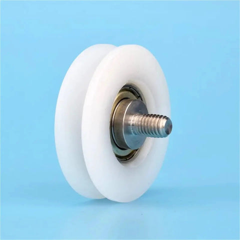 10 Pack U Groove Nylon Pulley Wheels Featuring Plastic Coated 6200ZZ Sealed Bearings close-up showing dual white nylon wheels and metal axle.