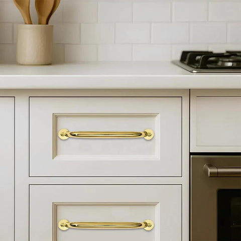 Premium Polished Brass Cabinet Pulls 10 Pack Heavy Duty 8 Inch Hole Center Drawer Handles Zinc Alloy Kitchen Bathroom Hardware on white cabinets.
