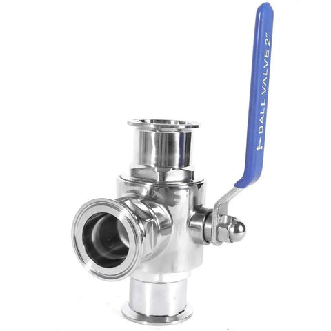Professional Grade Hardcore Stainless Steel 3 Way Tri Clamp T Port Ball Valve With Slick Quarter Turn Handle for liquid routing.