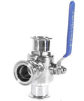Built Like A Tank Stainless Steel 3 Way Tri Clamp Ball Valve With PTFE Seal, 2-inch size, smooth flow design, showing blue handle.